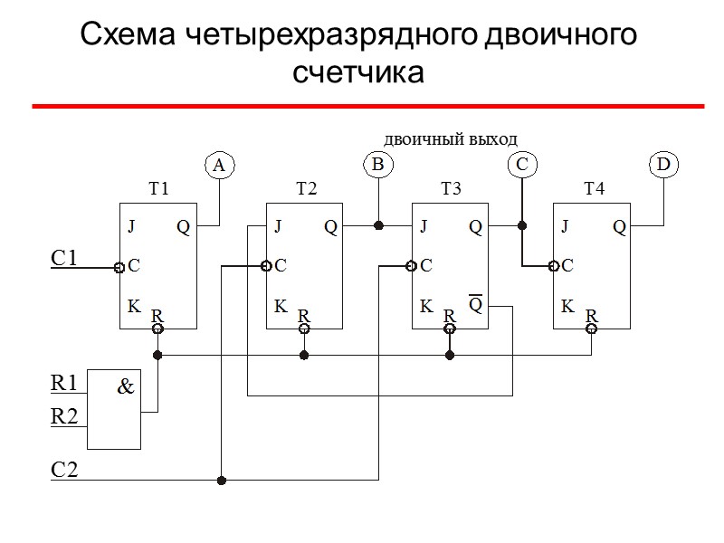 Схема четырехразрядного двоичного счетчика